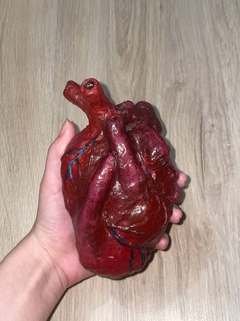 Handmade papier-mâché sculpture of a realistic human heart.